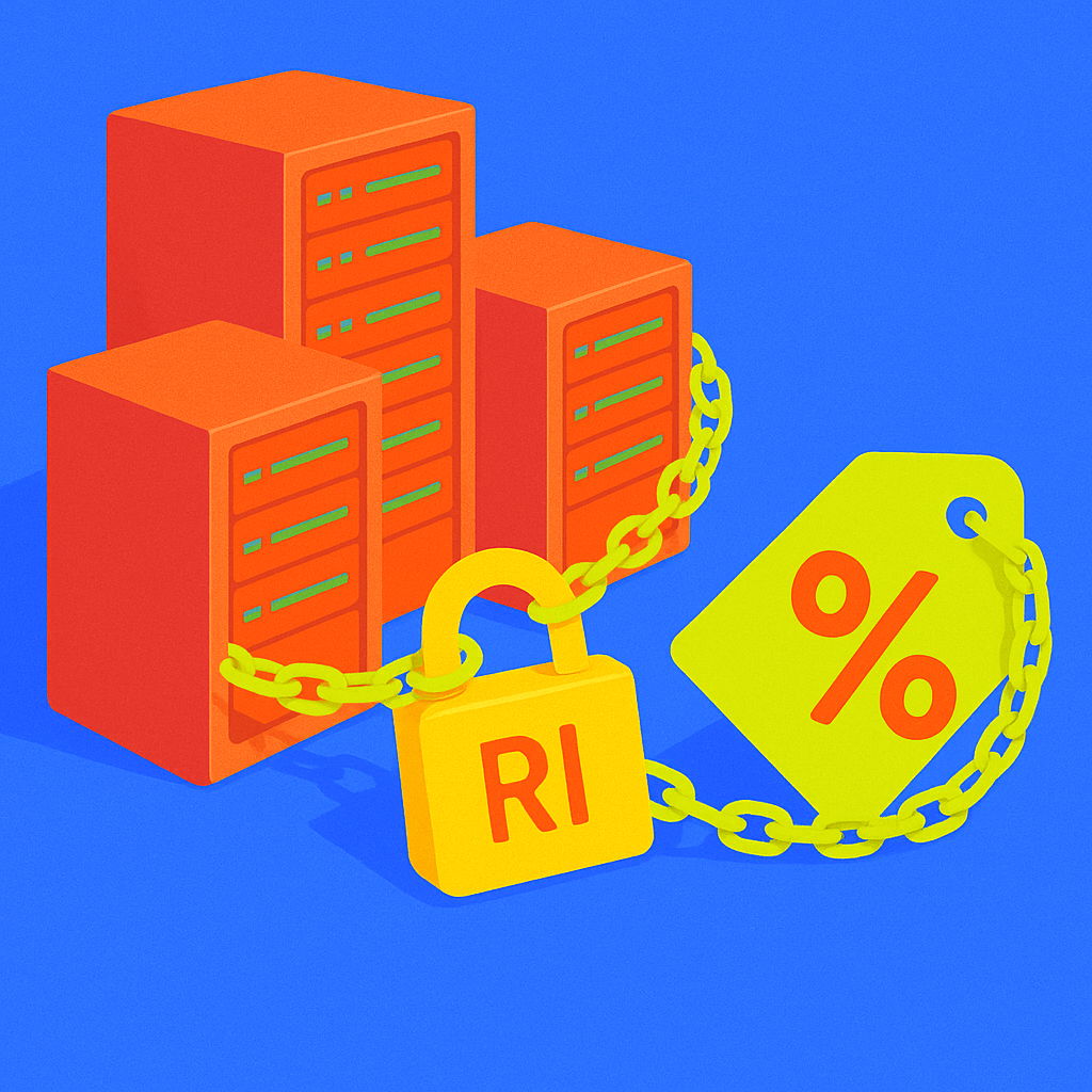Illustration of AWS servers chained to a discount tag and RI padlock, symbolizing short-term Reserved Instance savings strategy.