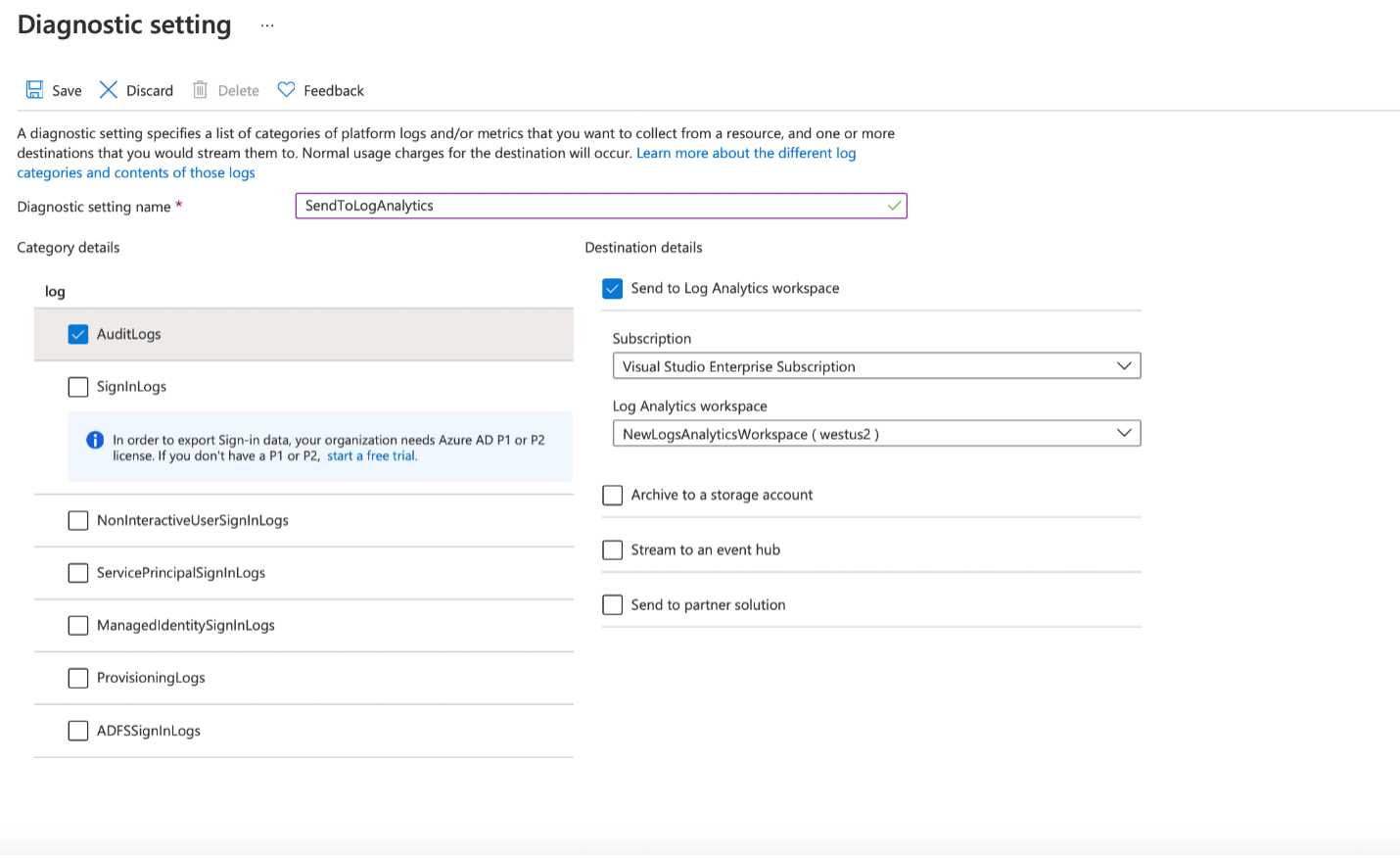 Diagnostic setting - Inactive Users in Azure Active Directory